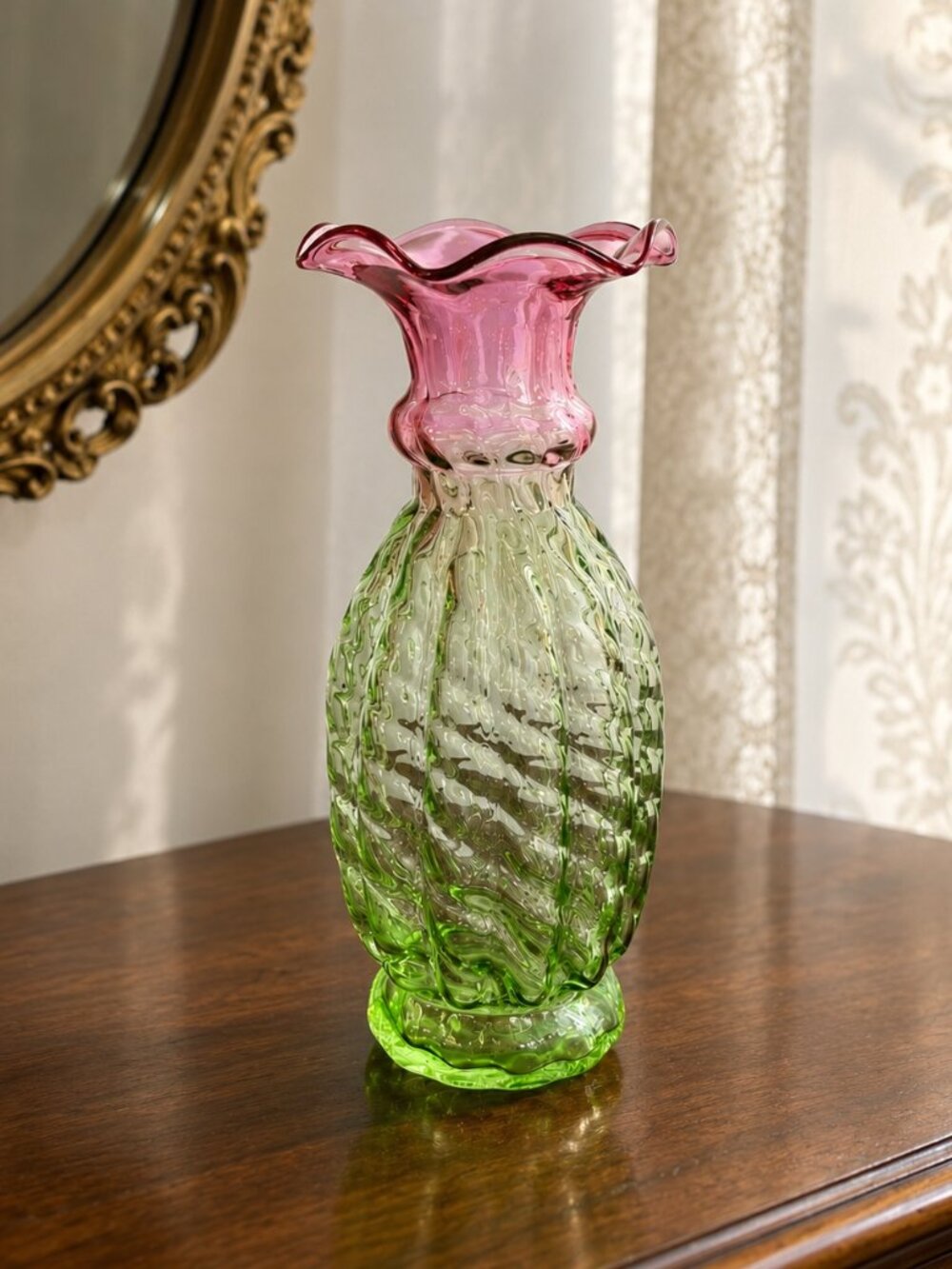 Antique Rubina Verde Hand Blown Art Glass Vase with Cranberry Green Ruffled Top